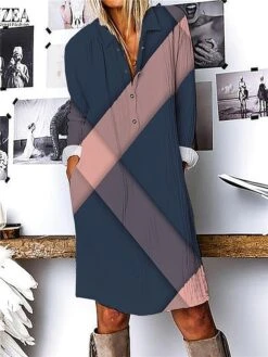 Women's Shirt Dress Casual Dress Cotton Linen Dress Midi Dress Polyester Fashion Casual Daily Outdoor Daily Vacation Shirt Collar Button Print 3/4 Length Sleeve Fall Winter Autumn 2023 Loose Fit Pink -HAYz Clothing Shop scxsun1694690880806