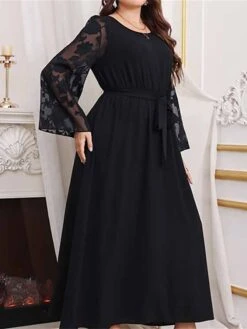 Women's Plus Size Curve Prom Dress Party Dress Wedding Guest Dress Long Dress Maxi Dress Black Long Sleeve Pure Color Lace Up Fall Winter Autumn Crew Neck Fashion Evening Party Wedding Guest -HAYz Clothing Shop scyfxf1693210774999