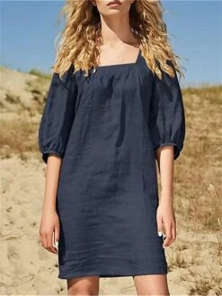 Women's Casual Dress Cotton Linen Dress Shift Dress Mini Dress Cotton Fashion Modern Outdoor Daily Vacation Square Neck Puff Sleeve Basic Half Sleeve Summer Spring Fall 2023 Regular Fit Blue Brown -HAYz Clothing Shop scyuvi1691144064511
