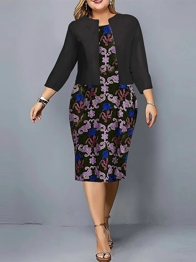 Women's Plus Size Curve Casual Dress Dress Set Two Piece Dress Floral Midi Dress Long Sleeve Print Crew Neck Fashion Outdoor Black Red Fall Winter L XL XXL 3XL 4XL 3 Women's Plus Size Curve Casual Dress Dress Set Two Piece Dress Floral Midi Dress Long Sleeve Print Crew Neck Fashion Outdoor Black Red Fall Winter L XL XXL 3XL 4XL - Image 3