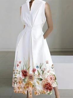 Women's Shirt Dress Casual Dress Swing Dress Maxi Long Dress Outdoor Office Daily Polyester Fashion Modern Shirt Collar Button Pocket Sleeveless Summer Spring 2023 Loose Fit White Pink Navy Blue