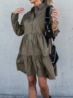 Women's Shirt Dress Casual Dress Swing Dress Midi Dress Outdoor Daily Vacation Cotton Basic Modern Shirt Collar Ruffle Button Long Sleeve Fall Winter 2023 Regular Fit ArmyGreen Black White Pure Color -HAYz Clothing Shop sdkgyz1695813927375