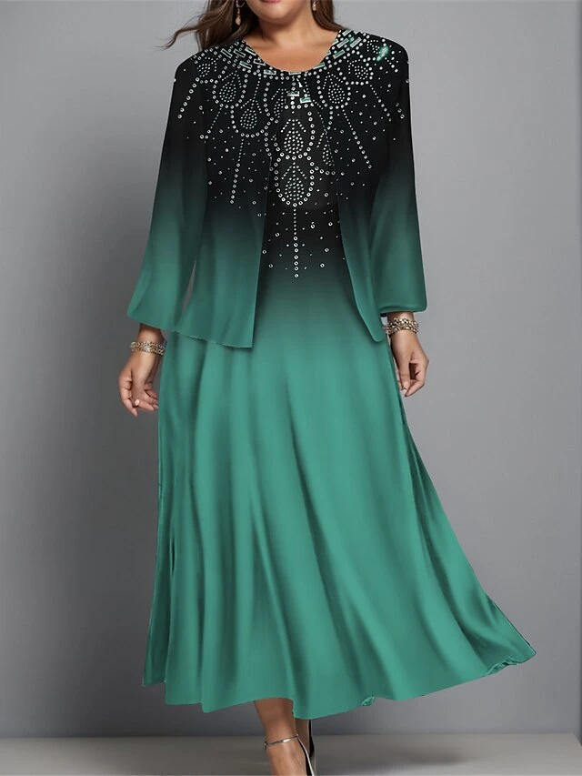 Women's Plus Size Two Piece Dress Set Casual Dress Swing Dress Outdoor Office Fashion Streetwear Print Midi Dress Crew Neck Long Sleeve Geometric Ombre Regular Fit Blue Purple Green Fall Winter L XL 3 Women's Plus Size Two Piece Dress Set Casual Dress Swing Dress Outdoor Office Fashion Streetwear Print Midi Dress Crew Neck Long Sleeve Geometric Ombre Regular Fit Blue Purple Green Fall Winter L XL - Image 3