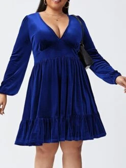 Women's Plus Size Curve Party Dress Velvet Dress Wedding Guest Dress Mini Dress Black Wine Army Green Long Sleeve Pure Color Ruched Spring Fall Winter V Neck Fashion Evening Party Wedding Guest -HAYz Clothing Shop sdttdd1692588752789