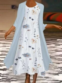 Women's Two Piece Dress Set Casual Dress Print Dress Outdoor Daily Fashion Modern Print Midi Dress Crew Neck 3/4 Length Sleeve Floral Regular Fit White Summer Spring S M L XL XXL