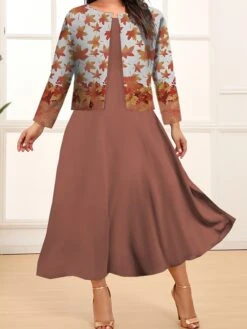 Women's Plus Size Two Piece Dress Set Casual Dress Swing Dress Outdoor Office Fashion Streetwear Print Midi Dress Crew Neck Long Sleeve Floral Plaid Regular Fit Pink Dark Pink Blue Fall Winter L XL -HAYz Clothing Shop seaoya1693213906349