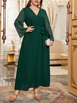 Women's Plus Size Prom Dress Party Dress Wedding Guest Dress Long Dress Maxi Dress Black Green Long Sleeve Pure Color Lace Up Fall Winter Autumn V Neck Fashion Winter Dress Wedding Guest Evening Party -HAYz Clothing Shop sehuvl1693207136026