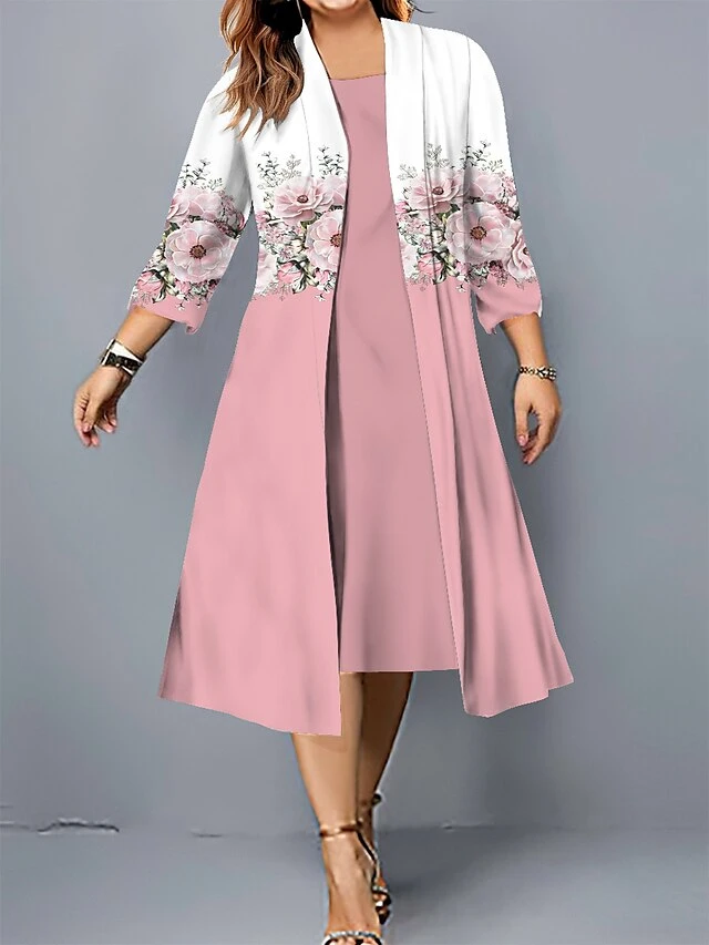 Women's Plus Size Curve Casual Dress Dress Set Two Piece Dress Floral Midi Dress 3/4 Length Sleeve Print Crew Neck Fashion Outdoor Pink Wine Fall Winter L XL XXL 3XL 4XL 4 Women's Plus Size Curve Casual Dress Dress Set Two Piece Dress Floral Midi Dress 3/4 Length Sleeve Print Crew Neck Fashion Outdoor Pink Wine Fall Winter L XL XXL 3XL 4XL - Image 4