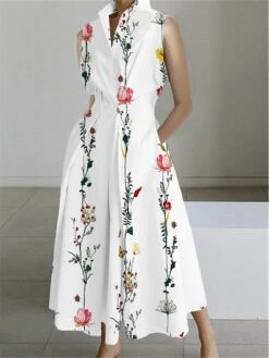 Women's Shirt Dress Casual Dress Maxi Long Dress Outdoor Office Business Polyester Fashion Modern Shirt Collar Button Pocket Sleeveless Summer Spring 2023 Regular Fit White Pink Blue Floral S M L XL