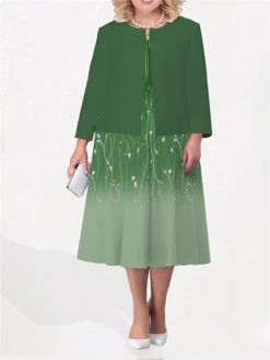 Women's Plus Size Curve Two Piece Dress Set Casual Dress Swing Dress Outdoor Office Fashion Streetwear Print Midi Dress Crew Neck Long Sleeve Floral Ombre Blue Purple Green Fall Winter L XL XXL -HAYz Clothing Shop setkjh1692942821778