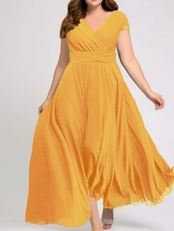 Women's Plus Size Prom Dress Party Dress Wedding Guest Dress Long Dress Maxi Dress Black White Yellow Short Sleeve Pure Color Ruched Summer Spring Fall V Neck Fashion Wedding Guest Evening Party -HAYz Clothing Shop sfiizw1691659702294