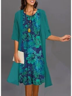 Women's Two Piece Dress Set Casual Dress Daily Vacation Modern Casual Print Midi Dress Crew Neck Half Sleeve Graphic Floral Loose Fit Wine Royal Blue Blue Summer Spring S M L XL XXL