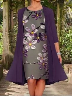 Women's Two Piece Dress Casual Dress Dress Set Shift Dress Knee Length Dress Navy Blue Blue Lavender Long Sleeve Layered Fall Autumn Crew Neck Elegant Fall Dress 2023 M L XL XXL XXXL 4XL 5XL -HAYz Clothing Shop sfwahx1629113664534