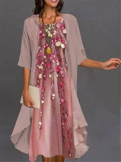 Women's Two Piece Dress Set Casual Dress Print Dress Outdoor Daily Fashion Elegant Print Midi Dress Crew Neck 3/4 Length Sleeve Floral Loose Fit Pink Navy Blue Royal Blue Summer Spring S M L XL XXL -HAYz Clothing Shop sfwqat1689230896251