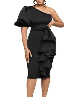 Women‘s Plus Size Curve Party Dress Solid Color One Shoulder Ruffle Short Sleeve Spring Fall Prom Dress Midi Dress Casual Daily Dress -HAYz Clothing Shop sfzwux1656067344535