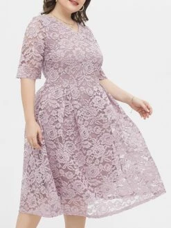Women‘s Plus Size Curve Party Dress Lace Dress Cocktail Dress Midi Dress Black Pink Wine Half Sleeve Pure Color Lace Summer Spring Fall V Neck Fashion Birthday Wedding Guest Vacation 2023 -HAYz Clothing Shop sgdopl1691564487622