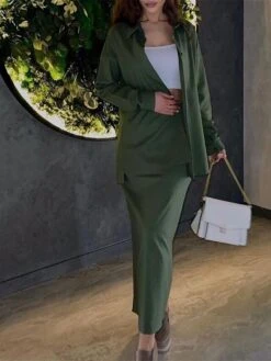 Women's Two Piece Dress Set Casual Dress Skirt Set Outdoor Daily Fashion Streetwear Button Pocket Long Dress Maxi Dress Shirt Collar Long Sleeve Plain Loose Fit Brown Green Beige Fall Winter S M L XL -HAYz Clothing Shop sgqayh1693534949423