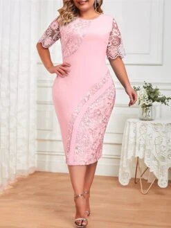 Women‘s Plus Size Curve Work Dress Lace Dress Sheath Dress Fashion Midi Dress Lace Patchwork Crew Neck Half Sleeve Plain Regular Fit Light Yellow Pink Light Blue Summer Spring L XL XXL 3XL 4XL -HAYz Clothing Shop shapda1691041735576