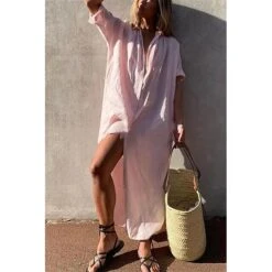 Women's Shirt Dress Cotton Linen Dress Maxi Long Dress Cotton And Linen Casual Winter Dress Daily Vacation Shirt Collar Split Short Sleeve Summer Spring Fall 2023 Loose Fit White Light Green Pink -HAYz Clothing Shop sharkc1674033615871