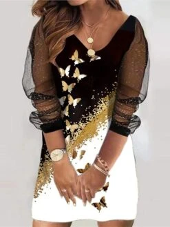 Women‘s Plus Size Curve Holiday Dress Floral V Neck Mesh Long Sleeve Fall Spring Casual Mini Dress Casual Daily DressSheath DressBlack DressPrint -HAYz Clothing Shop shcjaf1647491217857