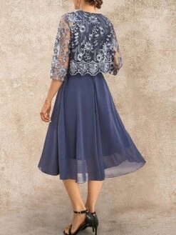 Women's Plus Size Two Piece Dress Set Party Dress Lace Dress Party Wedding Guest Fashion Elegant Lace Patchwork Midi Dress Crew Neck 3/4 Length Sleeve Plain Regular Fit Navy Blue Fall Winter L XL XXL -HAYz Clothing Shop shhosb1696645464638