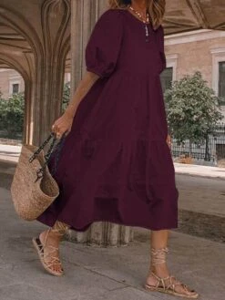 Women‘s Plus Size Curve Holiday Dress Solid Color Crew Neck Half Sleeve Fall Spring Casual Boho Maxi Long Dress Daily Vacation Dress Cotton -HAYz Clothing Shop shomoj1621240348680
