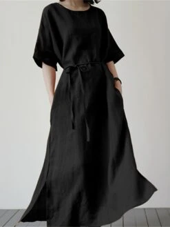 Women's Casual Dress Cotton Linen Dress Swing Dress Maxi Long Dress Cotton Blend Elegant Casual Outdoor Daily Holiday Crew Neck Pocket Tie Belt Short Sleeve Summer Spring 2023 Regular Fit Black -HAYz Clothing Shop shqkqu1654591121182