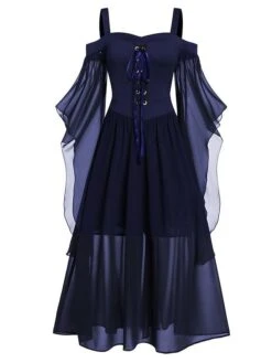 Women's Plus Size Curve Prom Dress Party Dress Vintage Dress Long Dress Maxi Dress Black Blue Purple Long Sleeve Pure Color Drawstring Spring Fall Winter Spaghetti Strap Vintage Halloween -HAYz Clothing Shop sicouj1692177202530