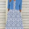 Women's Two Piece Dress Set Casual Dress Print Dress Outdoor Daily Fashion Elegant Pocket Print Midi Dress V Neck Half Sleeve Geometric Regular Fit Blue Green Summer Spring S M L XL XXL