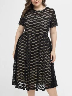 Women‘s Plus Size Curve Party Dress Lace Dress Cocktail Dress Midi Dress Black Short Sleeve Pure Color Lace Summer Spring Fall Crew Neck Fashion Birthday Wedding Guest Vacation 2023 -HAYz Clothing Shop sikflc1691660765916