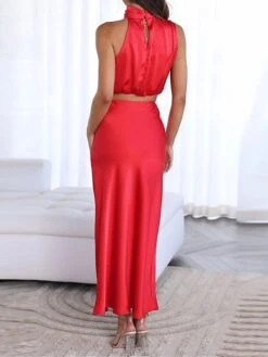 Women's Two Piece Dress Set Casual Dress Skirt Set Daily Holiday Fashion Sexy Ruched Long Dress Maxi Dress Stand Collar Sleeveless Plain Regular Fit Black White Light Green Summer Spring S M L XL -HAYz Clothing Shop sirzln1690857200848