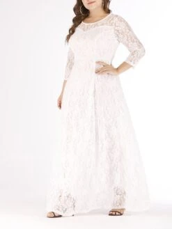 Women‘s Plus Size Curve Party Dress Solid Color Crew Neck Lace 3 4 Length Sleeve Spring Fall Casual Prom Dress Maxi Long Dress PartyEvening Casual Dress -HAYz Clothing Shop siudoa1634963334975