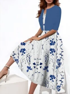 Women's Two Piece Dress Set Casual Dress Tank Dress Outdoor Daily Fashion Streetwear Pocket Print Midi Dress V Neck 3/4 Length Sleeve Floral Regular Fit Yellow Red Royal Blue Summer Spring S M L XL