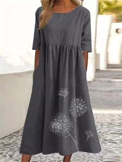 Women's Casual Dress Cotton Linen Dress Swing Dress Midi Dress Cotton Blend Basic Casual Outdoor Daily Vacation Crew Neck Ruched Pocket Half Sleeve Summer Spring Fall 2023 Loose Fit ArmyGreen Black