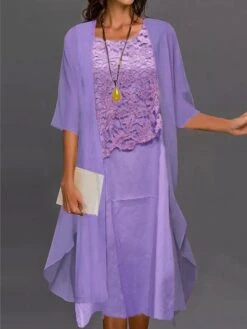 Women's Dress Set Two Piece Dress Shift Dress Midi Dress Light Blue Light Grey Half Sleeve Pure Color Lace Summer Spring Crew Neck Elegant Wedding Guest Loose Fit 2023 S M L XL XXL 3XL -HAYz Clothing Shop sjydww1650339346981