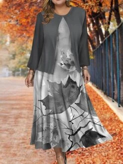 Women's Plus Size Two Piece Dress Set Casual Dress Swing Dress Outdoor Office Fashion Streetwear Print Midi Dress Crew Neck Long Sleeve Leaf Regular Fit Blue Brown Khaki Fall Winter L XL XXL 3XL 4XL -HAYz Clothing Shop sklahf1697785071070