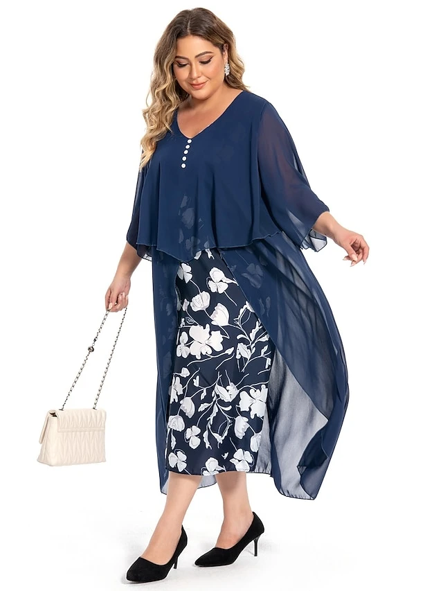Women's Plus Size Curve Work Dress Floral V Neck Ruched 3/4 Length Sleeve Spring Summer Work Elegant Midi DressLayered Formal Vacation Dress 4 Women's Plus Size Curve Work Dress Floral V Neck Ruched 3/4 Length Sleeve Spring Summer Work Elegant Midi DressLayered Formal Vacation Dress - Image 4
