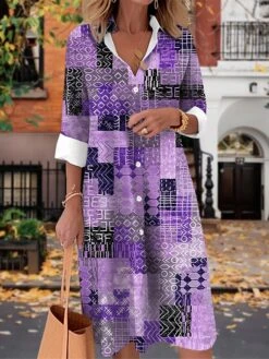 Women's Shirt Dress Casual Dress Midi Dress Outdoor Daily Date Polyester Fashion Modern Shirt Collar Button Pocket Long Sleeve Fall Winter 2023 Loose Fit Yellow Pink Blue Geometric Color Block Tribal -HAYz Clothing Shop slchuo1697510548594