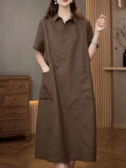 Women's Casual Dress Cotton Linen Dress Midi Dress Polyester Casual Daily Casual Outdoor Home Holiday Shirt Collar Pocket Short Sleeve Summer Spring 2023 Loose Fit Navy Blue Purple Brown Plain M L XL -HAYz Clothing Shop sllavs1689763762058