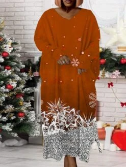 Women‘s Plus Size Christmas Dress Print V Neck Long Sleeve Winter Fall Modern Maxi Long Dress Daily Dress -HAYz Clothing Shop sllcce1668158943771