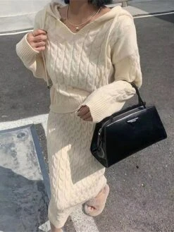 Women's Two Piece Dress Set Casual Dress Skirt Set Outdoor Daily Fashion Streetwear Patchwork Midi Dress Hooded Long Sleeve Plain Loose Fit Black Khaki Apricot Fall Winter One-Size