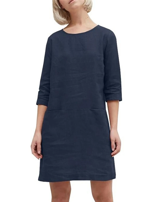 Women's Casual Dress Cotton Linen Dress A Line Dress Mini Dress Cotton Blend Basic Casual Outdoor Daily Crew Neck Pocket 3/4 Length Sleeve Summer Spring Fall 2023 Loose Fit Blue Orange Green Pure 5 Women's Casual Dress Cotton Linen Dress A Line Dress Mini Dress Cotton Blend Basic Casual Outdoor Daily Crew Neck Pocket 3/4 Length Sleeve Summer Spring Fall 2023 Loose Fit Blue Orange Green Pure - Image 5