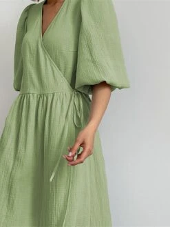 Women's Casual Dress Cotton Linen Dress Wrap Dress Midi Dress Cotton Basic Classic Outdoor Daily Vacation V Neck Lace Up Half Sleeve Spring Fall Autumn 2023 Regular Fit Orange Green Plain S M L -HAYz Clothing Shop smjgjg1692872416526