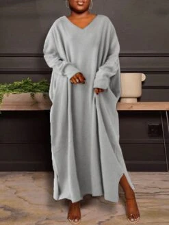 Women‘s Plus Size Casual Dress Caftan Dress Solid Color V Neck Long Sleeve Winter Fall Basic Casual Maxi Long Dress Daily Vacation Dress