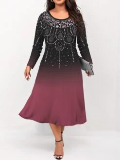 Women's Plus Size Curve Casual Dress Skater Dress A Line Dress Floral Gradient Midi Dress Long Sleeve Print Crew Neck Fashion Outdoor Blue Purple Fall Winter L XL XXL 3XL 4XL