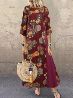 Women's Casual Dress Cotton Dress Black Dress Maxi Long Dress Cotton Blend Basic Modern Outdoor Daily Vacation Crew Neck Print Half Sleeve Summer Spring 2023 Loose Fit Black Yellow Red Flower M L XL -HAYz Clothing Shop smpmho1683796337147