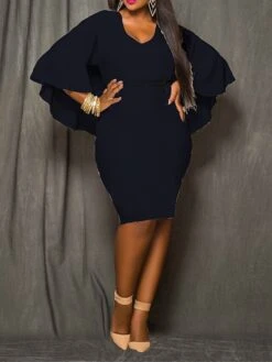 Women‘s Plus Size Curve Work Dress Sheath Dress Formal Dress Floral Midi Dress 3/4 Length Sleeve Ruffle V Neck Elegant Office Black White Spring Summer L XL XXL 3XL -HAYz Clothing Shop smqnwt1672986154765