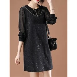 Women's Plus Size Curve Party Dress Cocktail Dress Sheath Dress Solid Color Midi Dress Long Sleeve Mesh Patchwork Crew Neck Fashion Party Black Fall Winter L XL XXL 3XL 4XL -HAYz Clothing Shop snglxs1695645445593