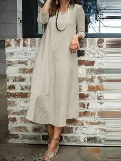 Women's Plus Size Curve Work Dress A Line Dress Fashion Long Dress Maxi Dress Patchwork V Neck 3/4 Length Sleeve Plain Loose Fit Wine Dark Blue Beige Fall L XL XXL 3XL 4XL -HAYz Clothing Shop snuubp1693299509232