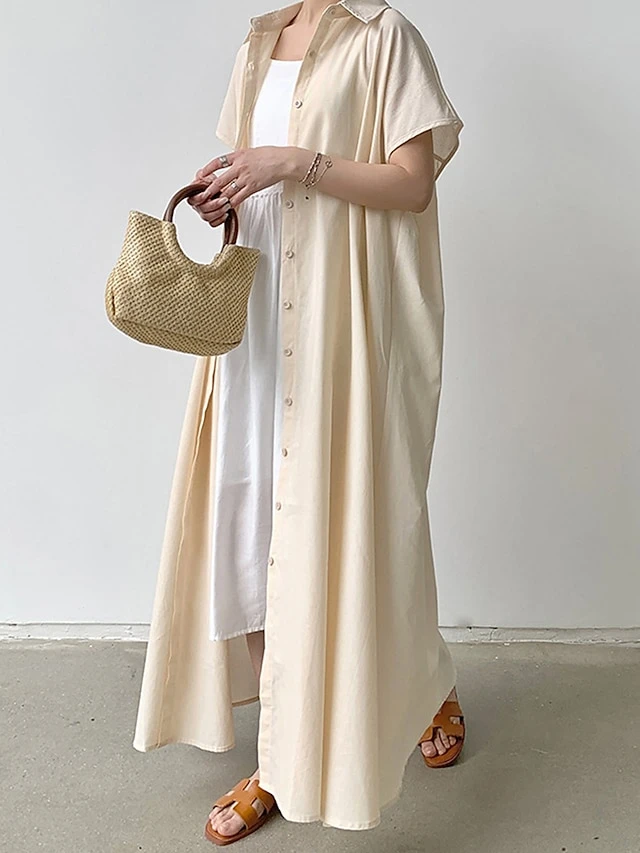 Women's Shirt Dress Casual Dress Maxi Long Dress Outdoor Daily Cotton Linen Basic Classic Shirt Collar Button Short Sleeve Summer Spring 2023 Loose Fit Navy Blue Brown Green Pure Color S M L XL XXL 12 Women's Shirt Dress Casual Dress Maxi Long Dress Outdoor Daily Cotton Linen Basic Classic Shirt Collar Button Short Sleeve Summer Spring 2023 Loose Fit Navy Blue Brown Green Pure Color S M L XL XXL - Image 12